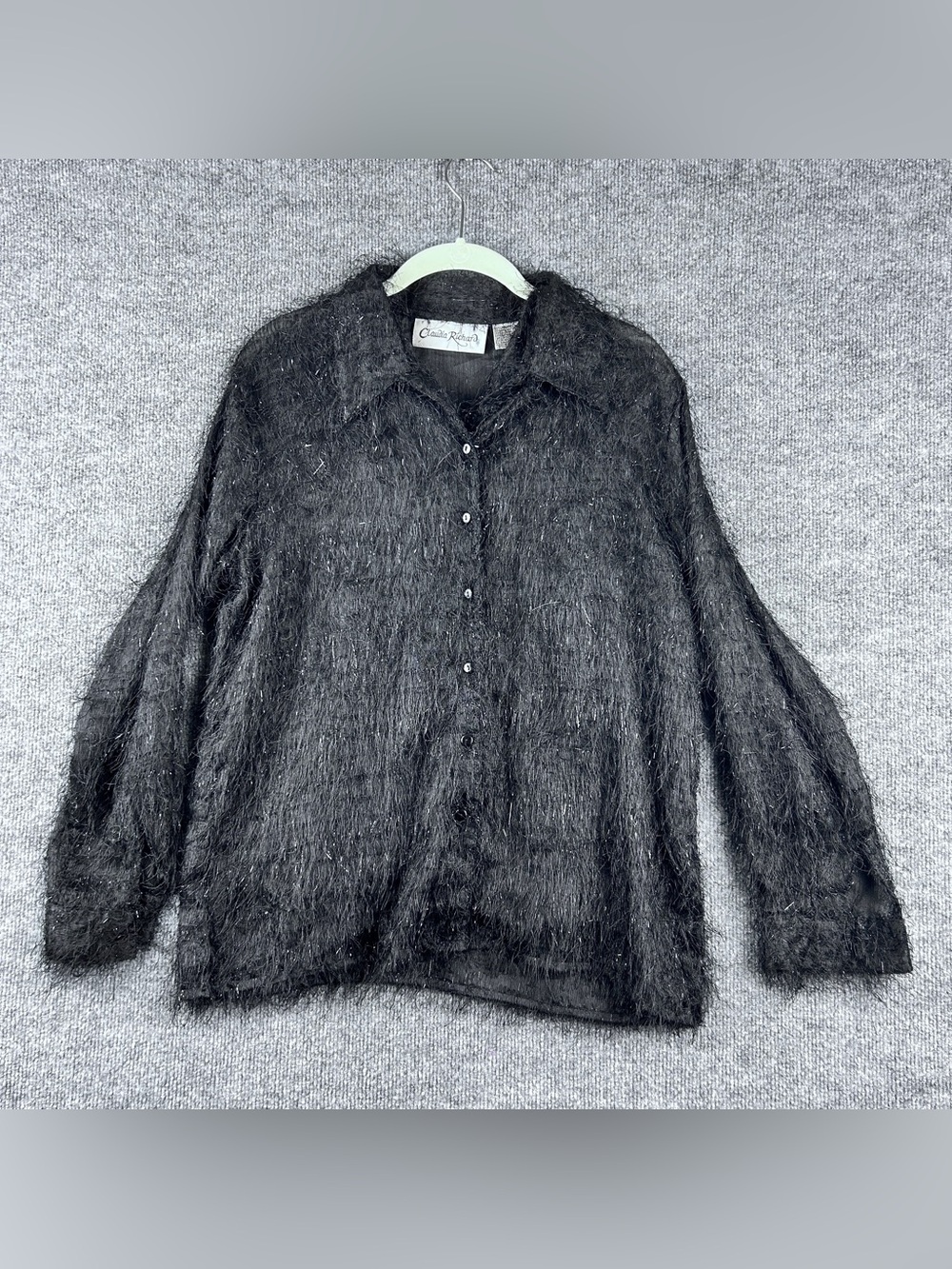 Claudia Richard Black Shaggy Eyelash Tinsel Knit Button Front Blouse Top Size S
